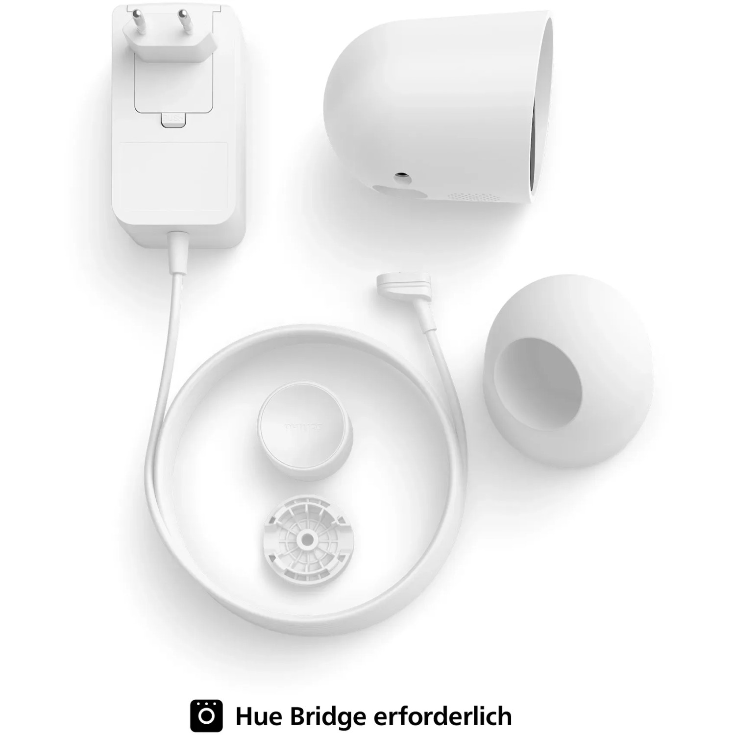 Philips Hue Secure Kamera (Kabel) mit Standfuß in Weiß, Zubehör im Lieferumfang enthalten.