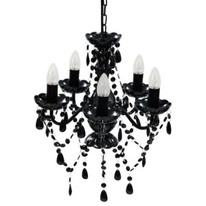 Schwarzer Kronleuchter mit 5 Glühbirnen und Kristall-Dekor, Lampen & Leuchten.