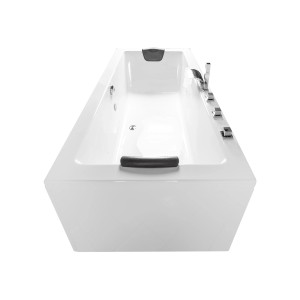 Weiße Basera® Badewanne Naxos 170x75 mit Armatur und Kopfstützen.