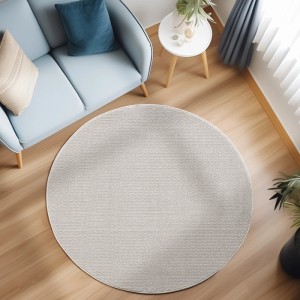 Runder, creme-farbener Ayyildiz Kurzflorteppich Loom 4300 (Ø 160 cm) im Wohnzimmer.