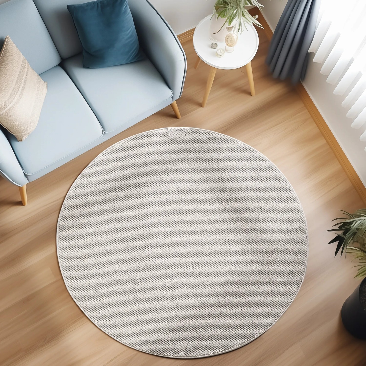 Runder, creme-farbener Ayyildiz Kurzflorteppich Loom 4300 (Ø 160 cm) im Wohnzimmer.