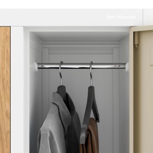 Jan Nowak Arbeitskleiderschrank Bartek, Fach innen: Kleiderstange mit Kleidung, Kleiderbügel. Weiß, Gold Eiche.