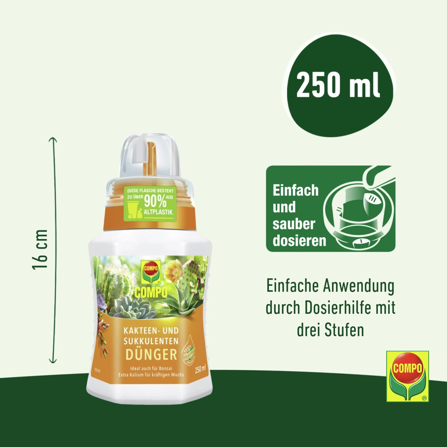 Compo Kakteendünger 250ml Flasche: Spezialdünger für Kakteen und Sukkulenten, mit Dosierhilfe.