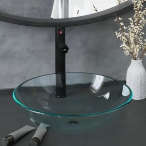 Transparentes Glas-Waschbecken mit schwarzem Wasserhahn und Ablaufgarnitur von vidaXL.