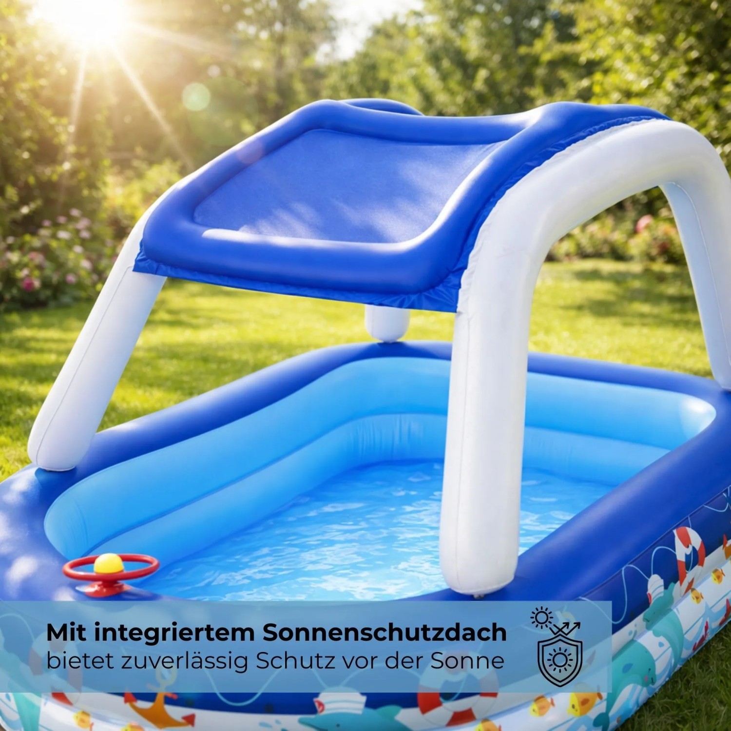 Bestway Family Pool Sea Captain mit Sonnendach, 213x155x132 cm, im Garten.