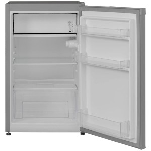 Telefunken Kühlschrank, 89 Liter, silber, mit offenem Gefrierfach und Ablagen.