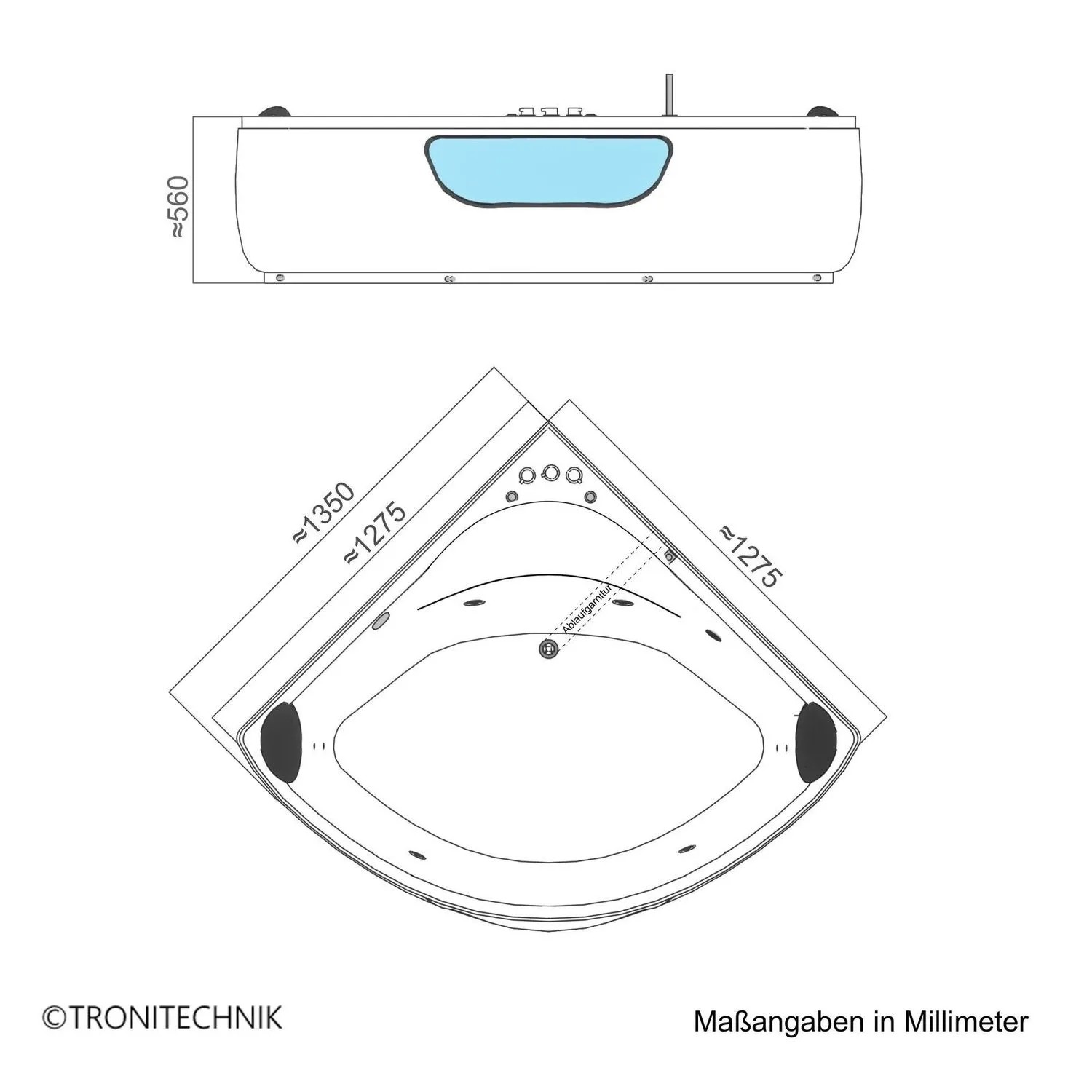 Technische Zeichnung: Tronitechnik Eck-Whirlpool Paros 135x135 cm mit Maßangaben.