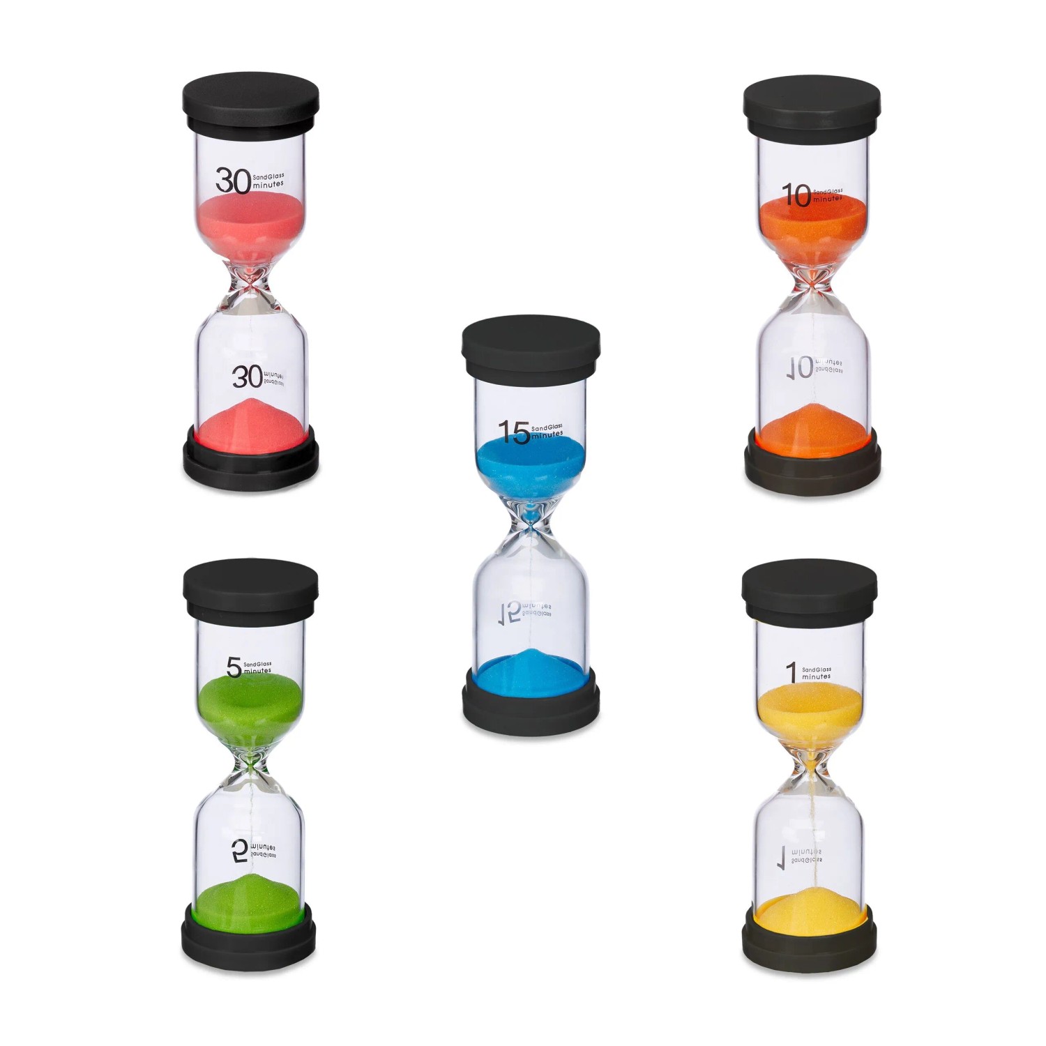 Relaxdays Sanduhr Kunststoff Glas Bunt 5er Set 16 cm x 5,5 cm 750 g