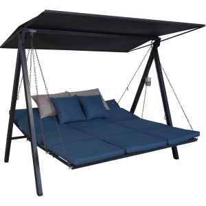 Angerer Hollywoodschaukel 3-Sitzer Lounge Smart Denim mit Sonnendach und blauen Auflagen.