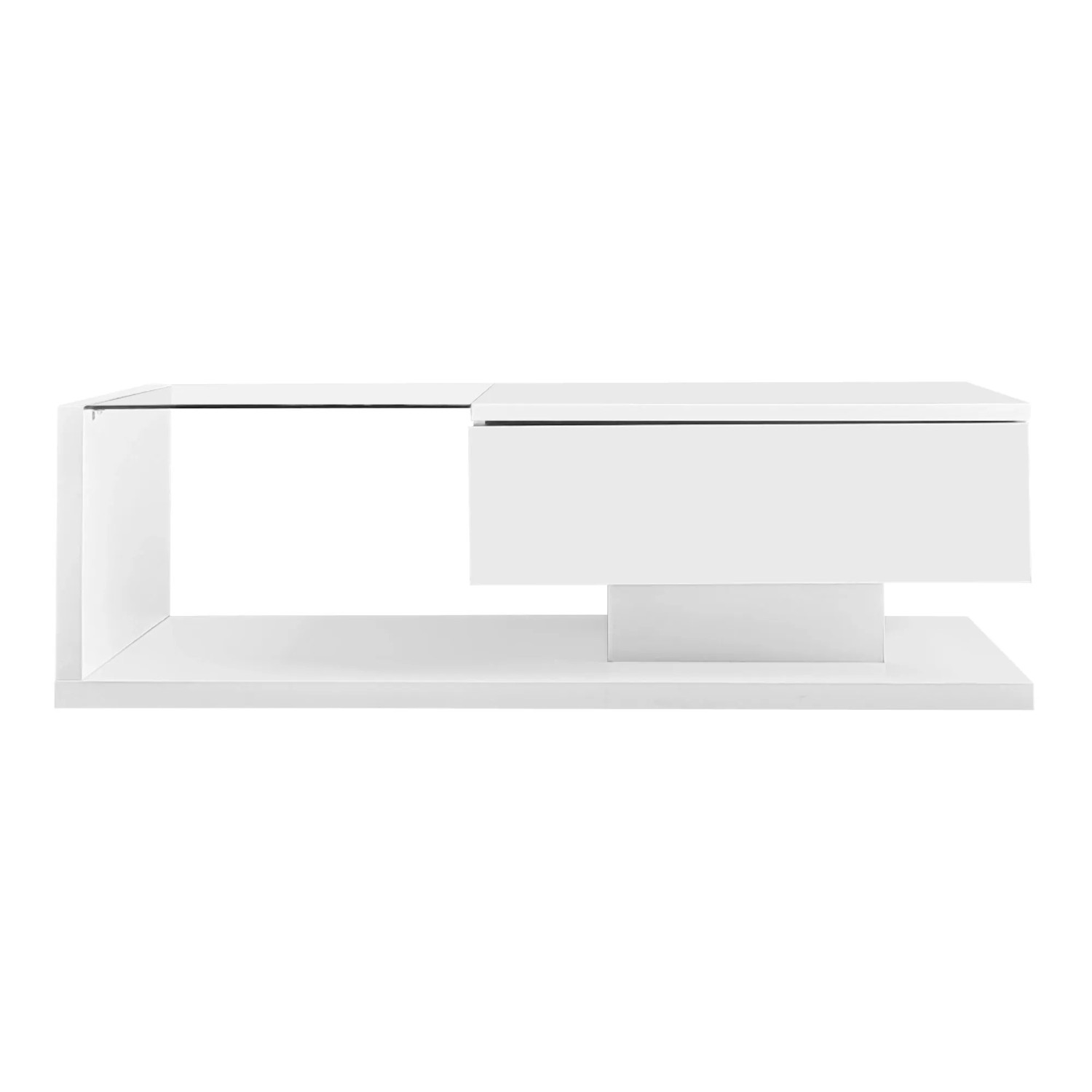 ModernLuxe Couchtisch Hochglanz mit Glasablage,ed 1 Schublade Spanplatte Weiß