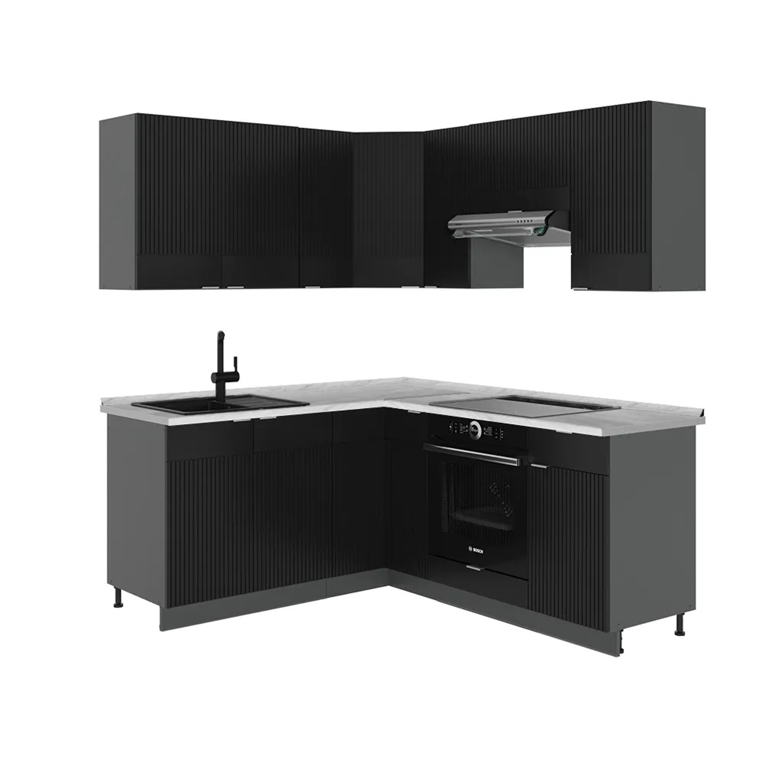 Vicco Fame-Line Eckküche Schwarz gestreift/Anthrazit 160 x 190 cm AP Marmor ohne E-Geräte