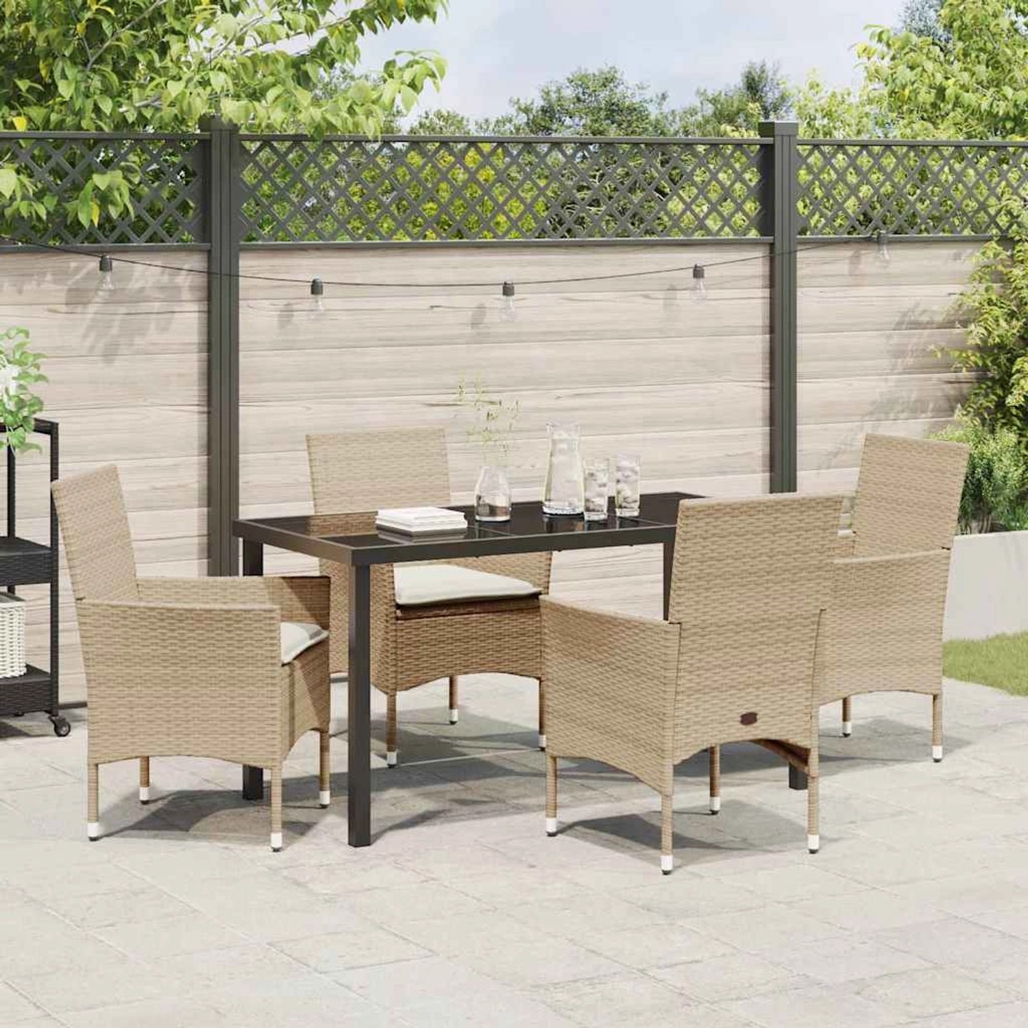 Beige 5-tlg. vidaXL Garten Essgruppe aus Poly Rattan mit Tisch und Stühlen.