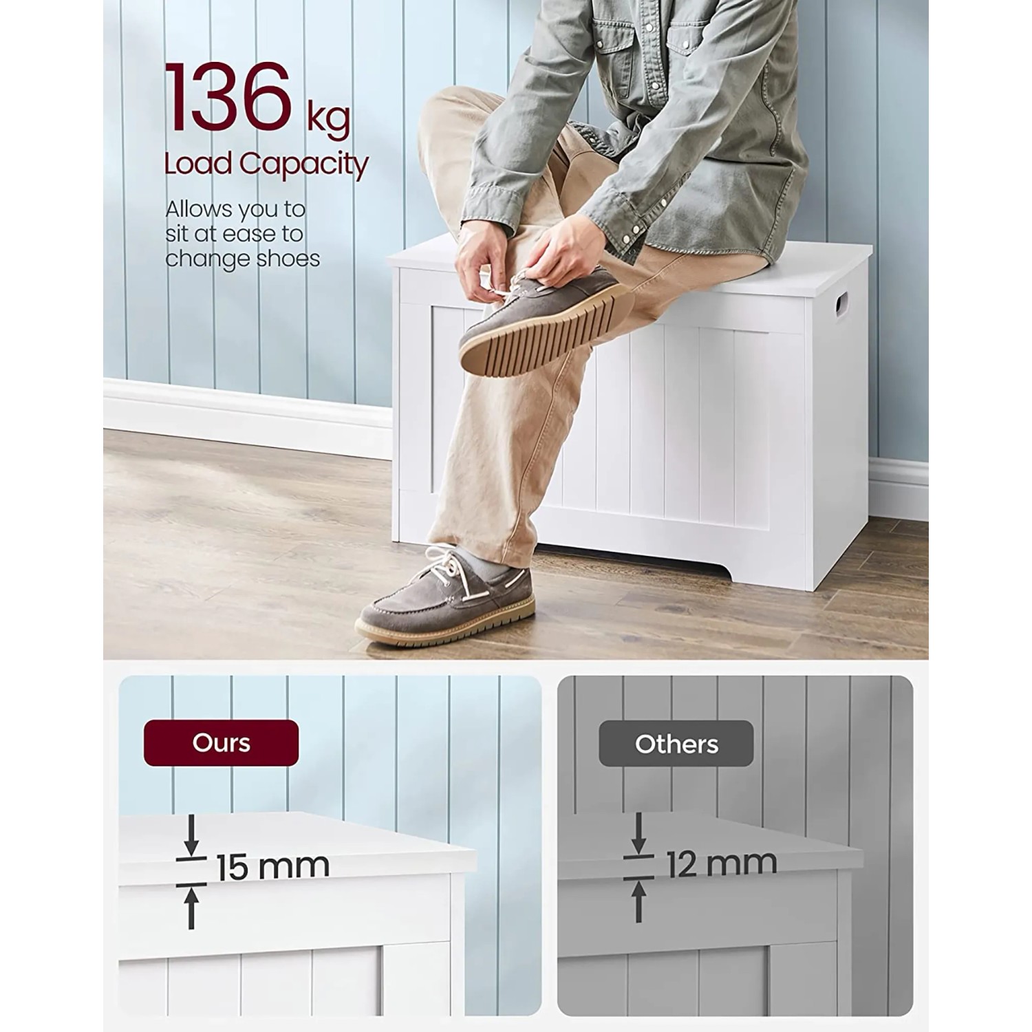 Weiße Vasagle Schuhtruhe/Sitzbank (40x76x48cm) mit Person, belastbar bis 136kg.