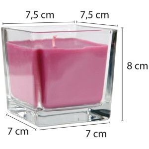 Quadratische, rosa Duftkerze Lavendel im Glas mit Sternzeichen Löwe, Brenndauer 50 Stunden.