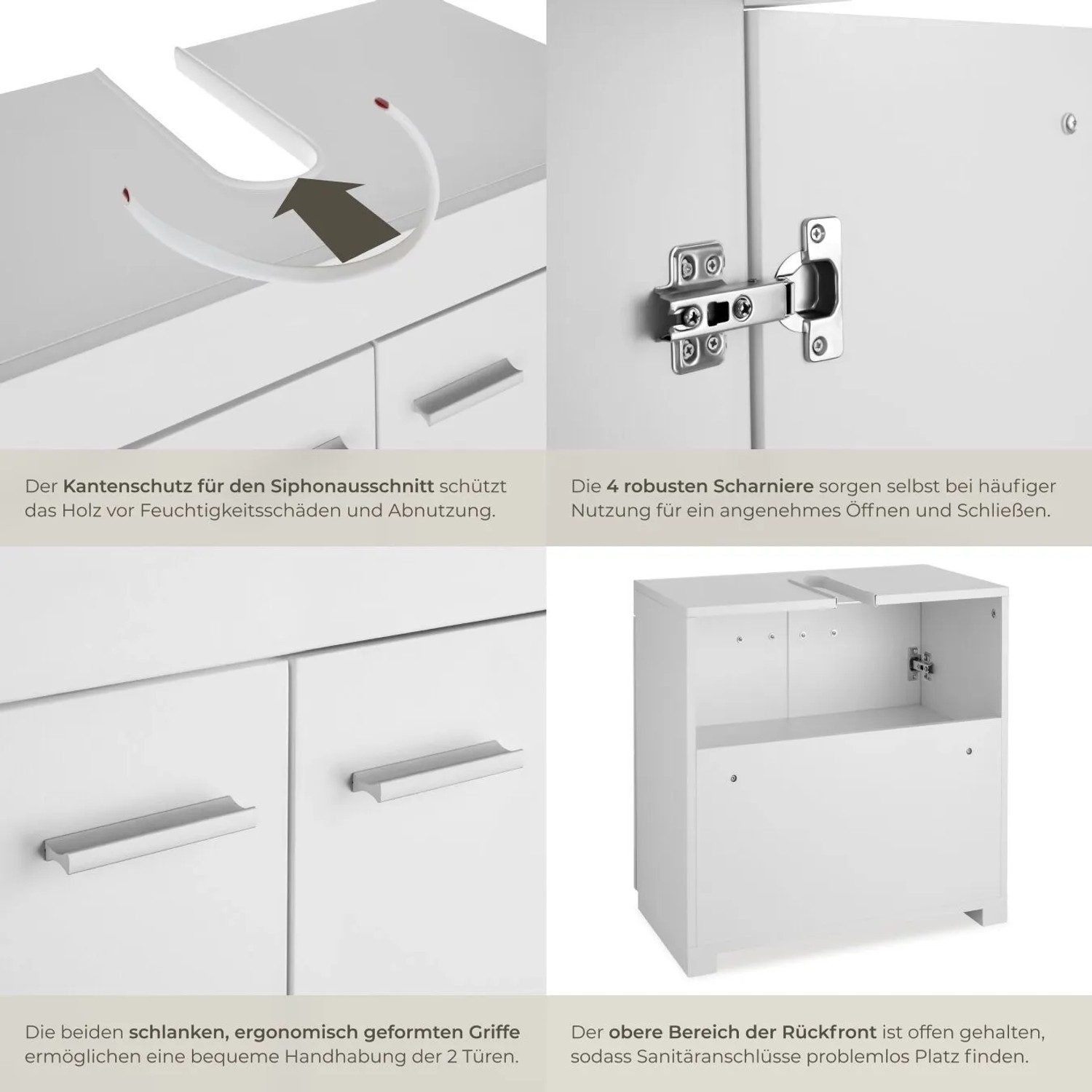 Weißer Waschbeckenunterschrank mit zwei Fächern und Metallgriffen.