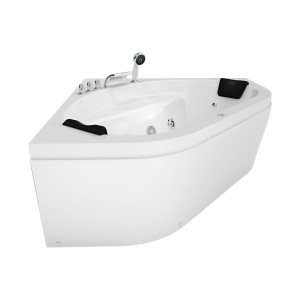 Weiße AcquaVapore Eck-Badewanne W20 140x140 mit Farblicht, Armaturen und Handbrause.