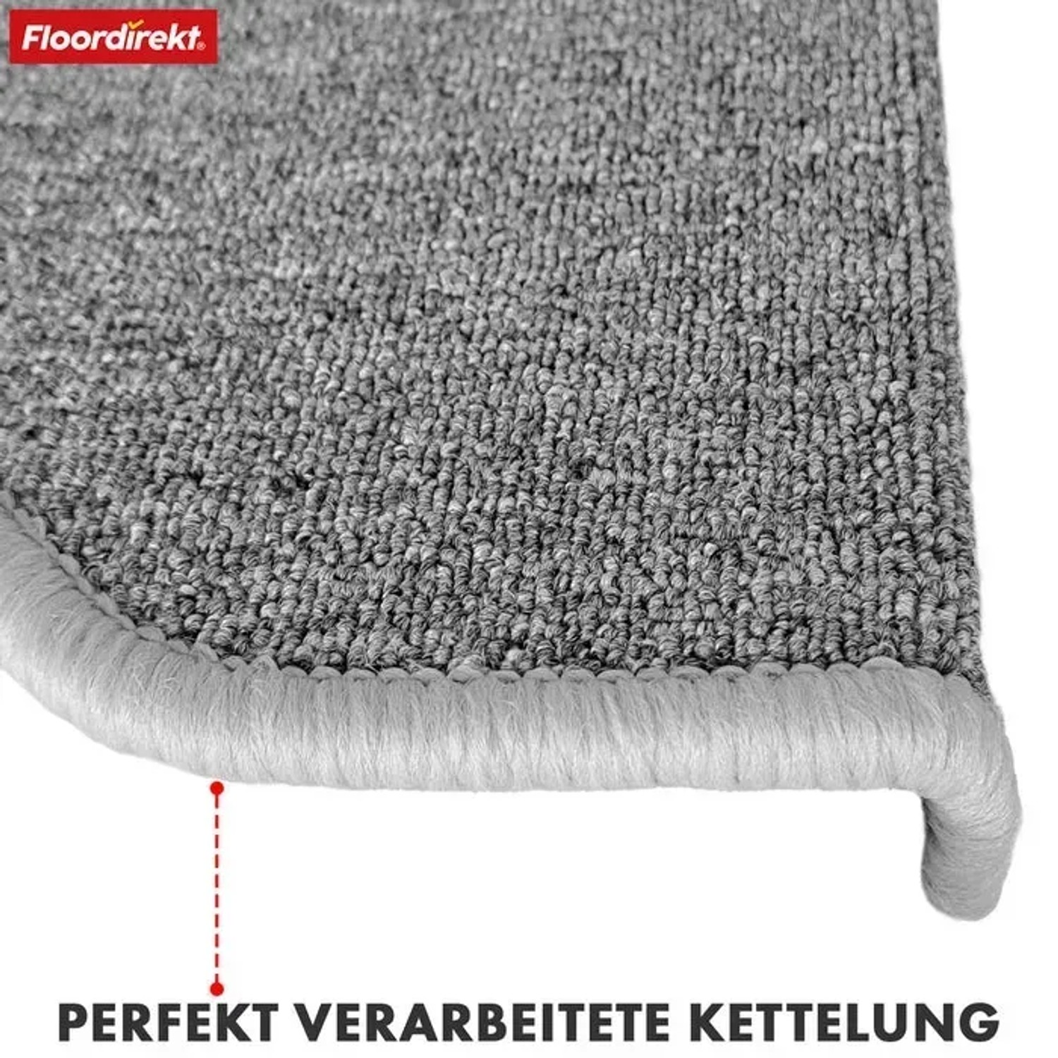 Detailaufnahme: Graue, halbrunde KARAT Stufenmatte London Pro mit geketteltem Rand.