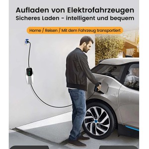 Junsun Ev Ladegerät (22kW) mit Adapter und Typ 2 Stecker beim Laden eines Elektroautos.