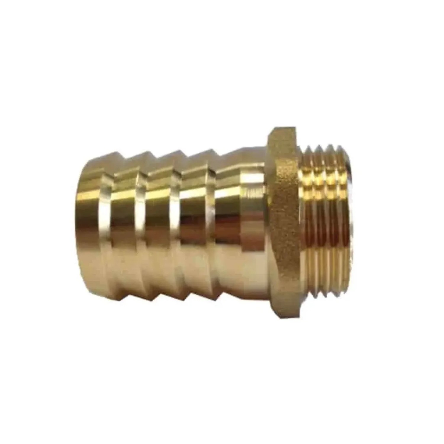 Goldener Messing Schlauchstutzen mit 3/4 Zoll AG und 13 mm Schlauchanschluss. Robuster Schlauchverbinder.