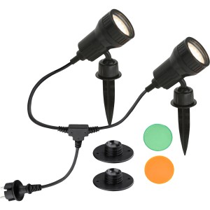 Briloner LED-Gartenstrahler mit Erdspieß, 2er Set, inklusive Farbfilter für stimmungsvolle Gartenbeleuchtung.