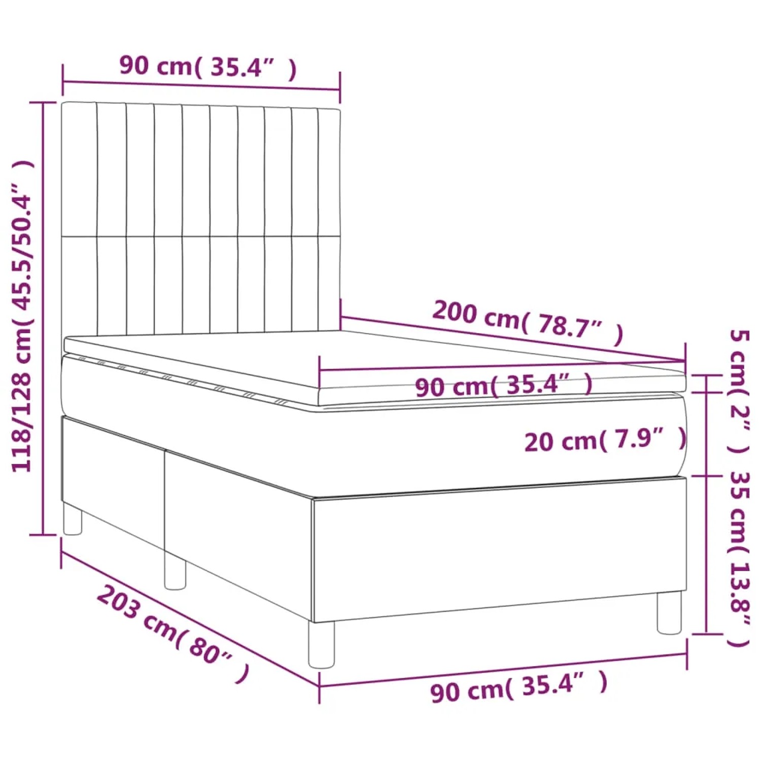 vidaXL Boxspringbett dunkelgrün 90x200 cm mit Matratze und Kopfteil, Maße eingezeichnet.