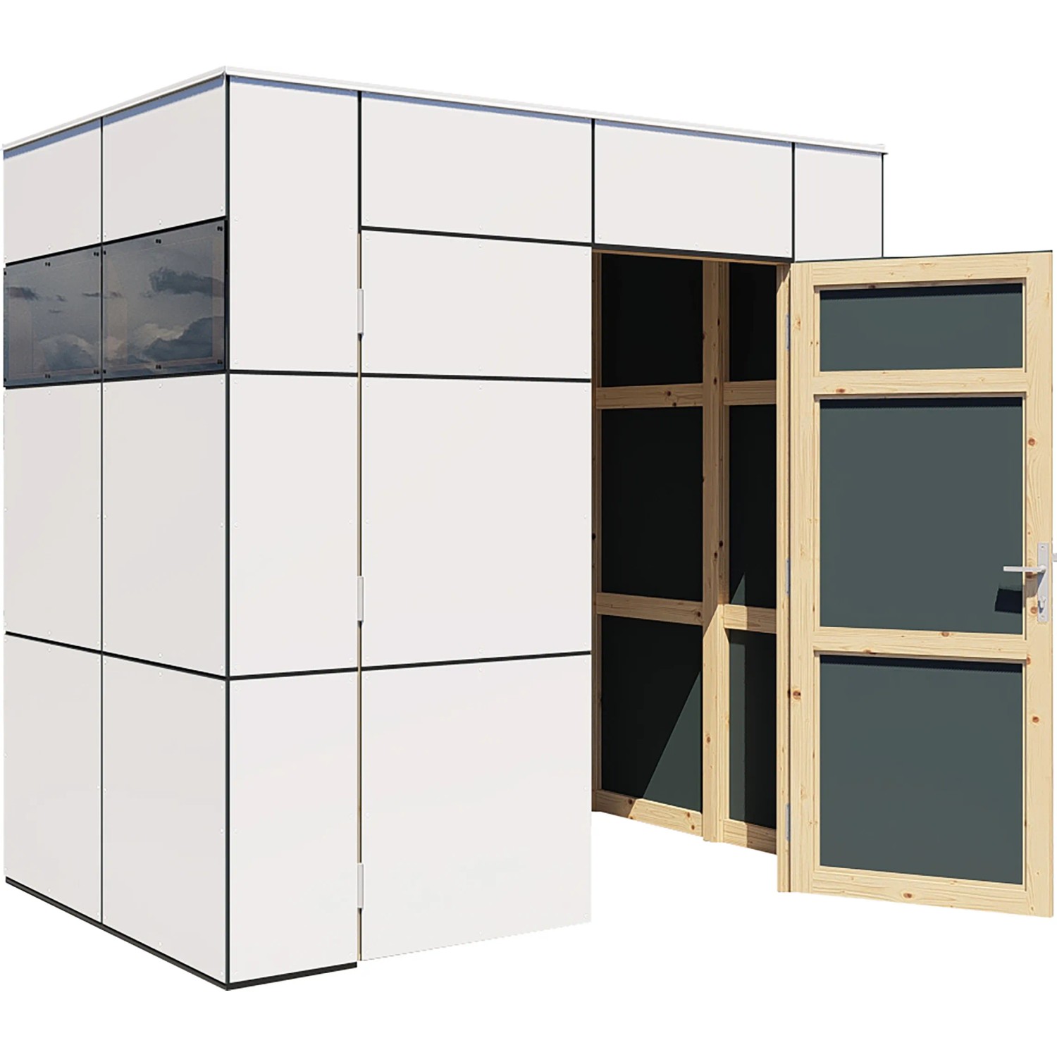Modernes, weißes Bertilo Gartenhaus HPL Mini (231x152cm) mit geöffneter Tür und Fenster.