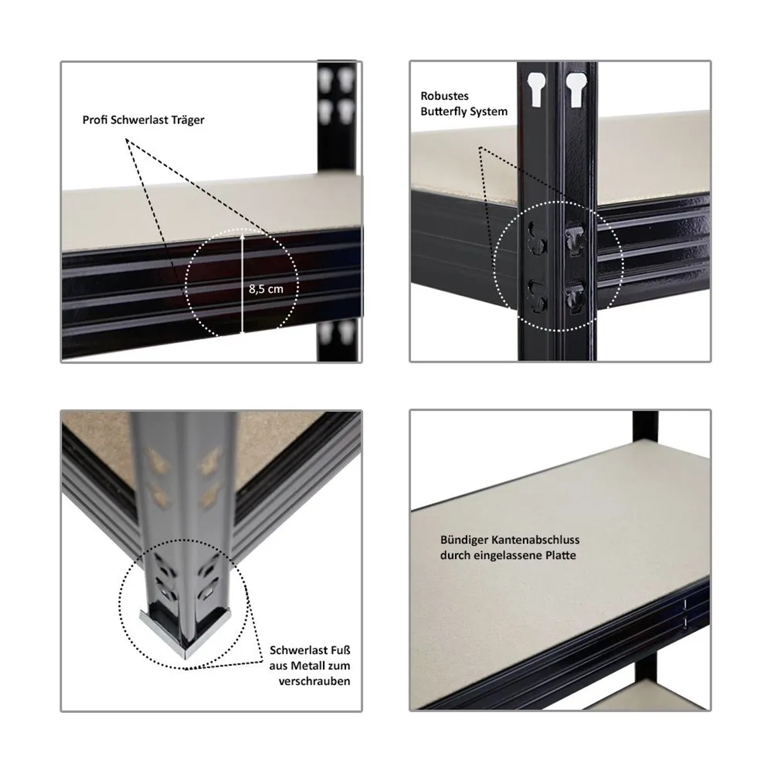 PROREGAL Mega Deal 4x Profi Schwerlastregal Rhino HxBxT 200x240x70cm 5 Spanplatten-Ebenen 8mm Fachlast 450kg Schwarz_4