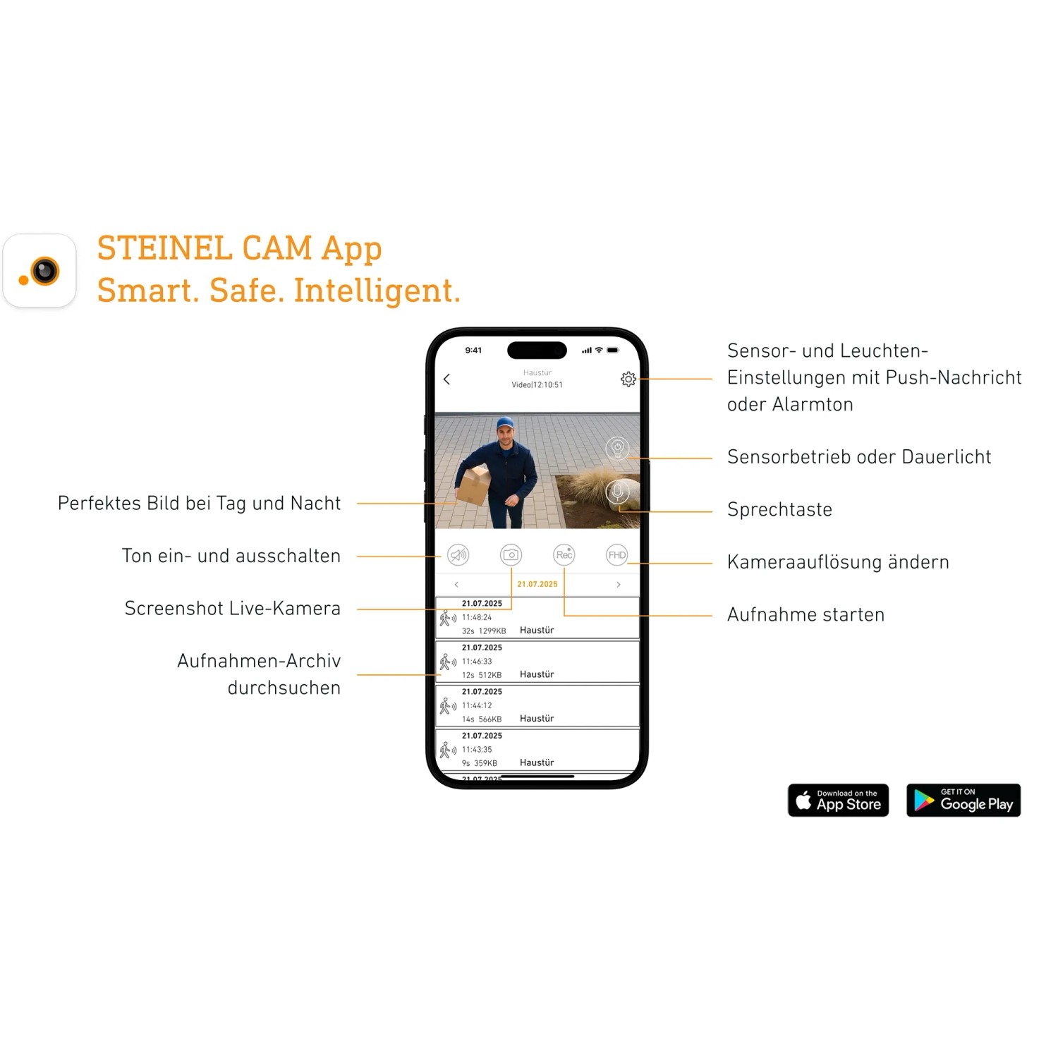 App-Ansicht der Steinel L 625 CAM Außenleuchte mit QHD-Kamera, zeigt Live-Aufnahmen und Einstellungen.