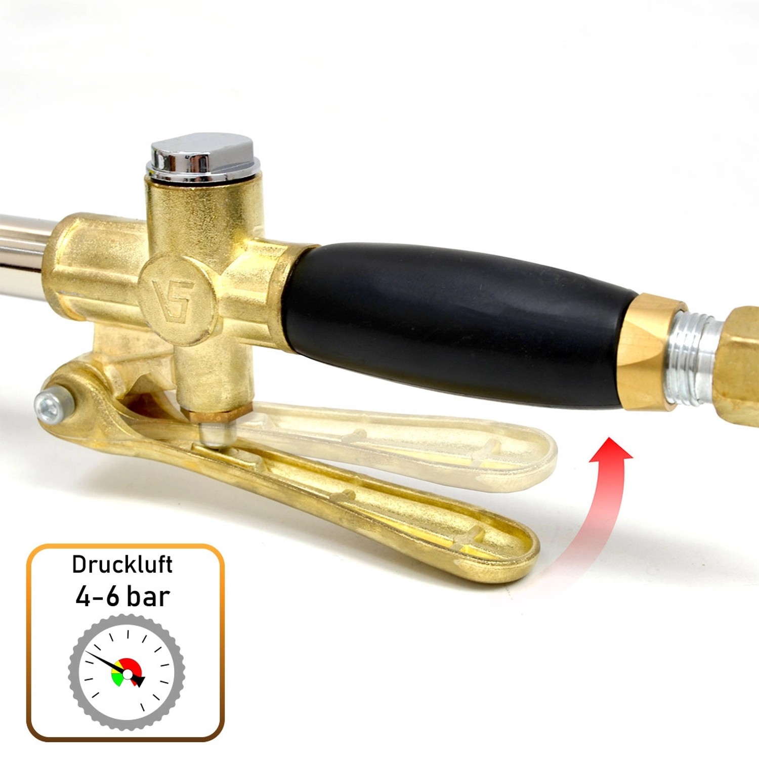 Detailaufnahme der eyepower Druckluft Putzwerfer Putzpistole in Silber mit schwarzem Griff.