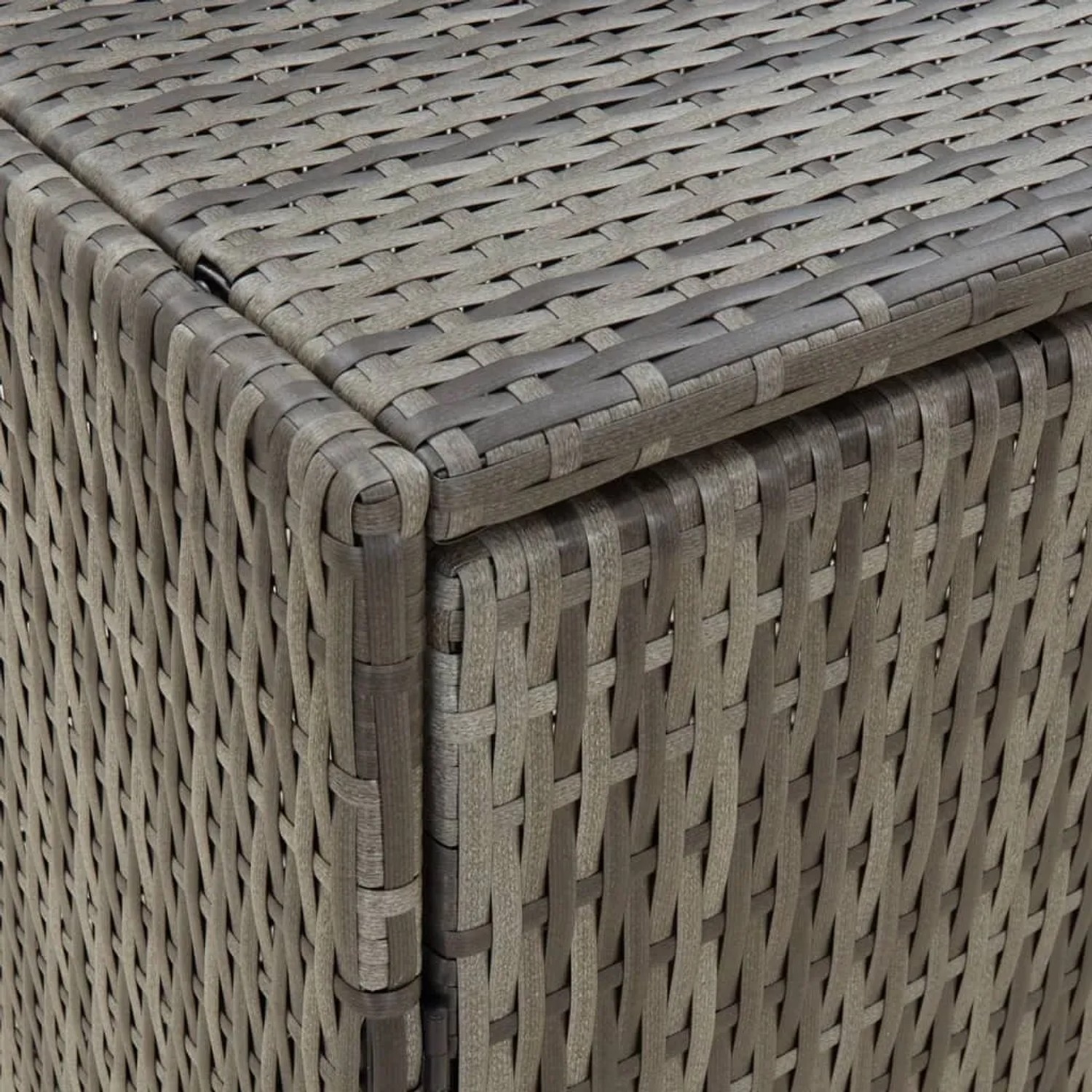 Detailansicht: Grauer vidaXL Gartenschrank aus Poly Rattan, wetterfest und robust.