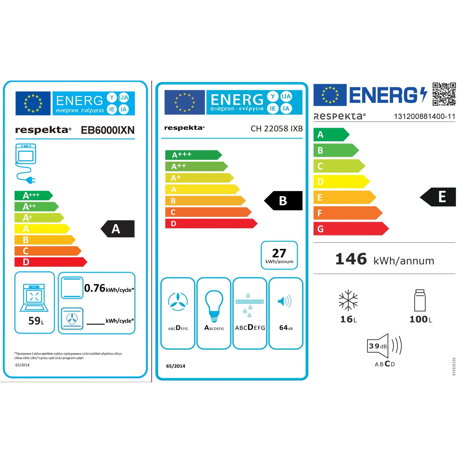 Energieeffizienzlabel für Respekta EB6000IXN Herd, CH22058IXB Dunstabzugshaube und KS88.4-11 Kühlschrank