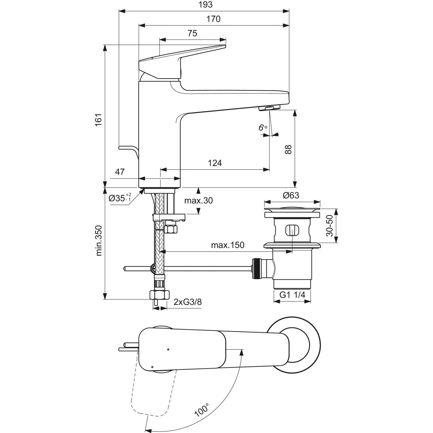 Technische Zeichnung: Ideal Standard Ceraplan Waschtischarmatur, Schwarz Matt, Maße und Anschlüsse.