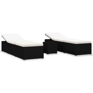 VidaXL 3-tlg. Garten-Sonnenliegen Set mit Tisch, Poly Rattan schwarz und cremeweißen Auflagen.