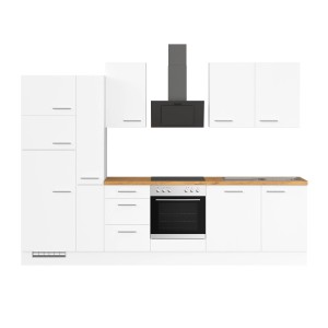 Weiße Impuls Küchenzeile (310 cm) mit E-Geräten und Holz-Arbeitsplatte.