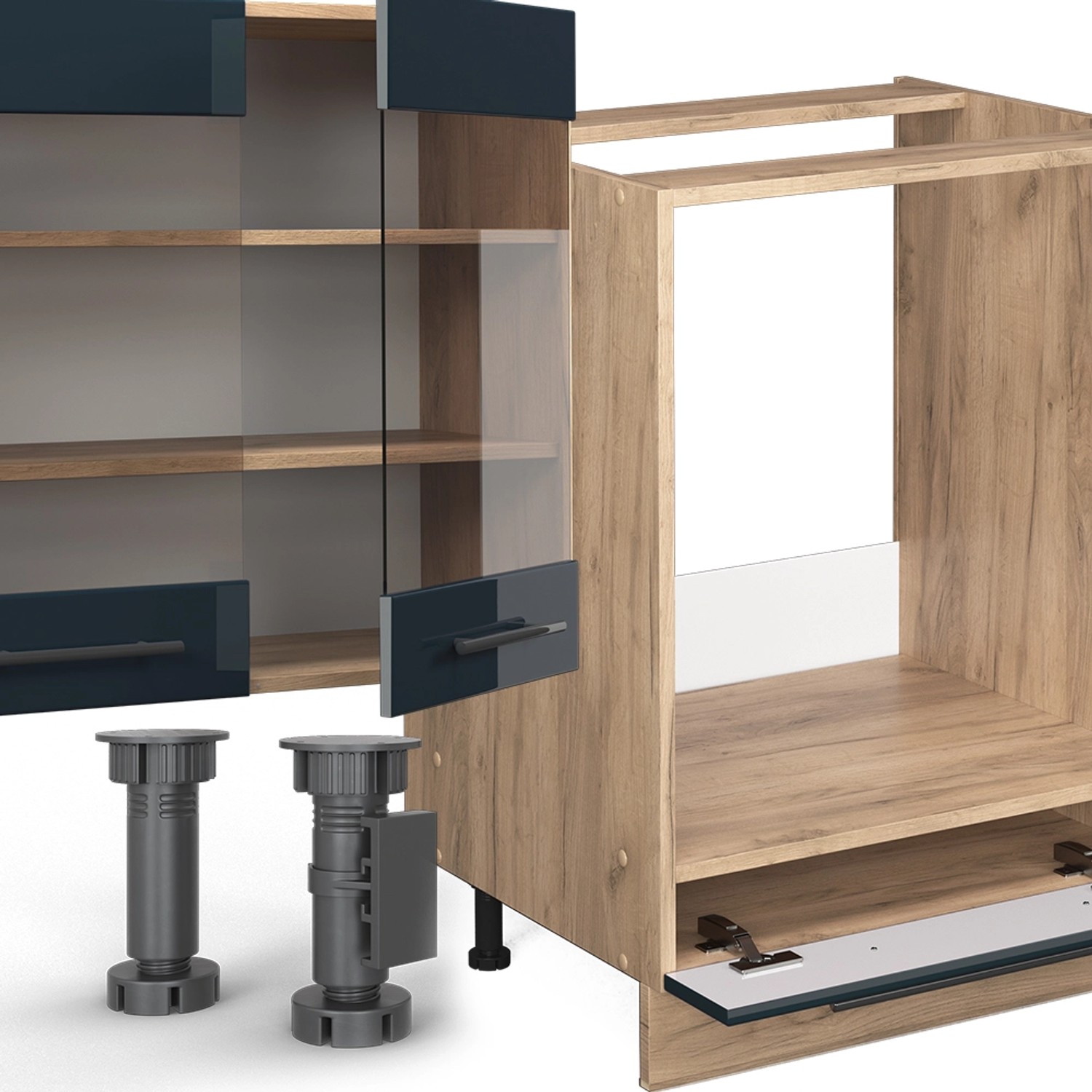 Vicco Fame-Line Küchenzeile in Dunkelblau/Goldkraft Eiche, 300 cm, ohne Arbeitsplatte.