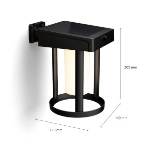 Matte, runde Philips Solar-Wandleuchte Camill mit Solarpanel und Maßen.