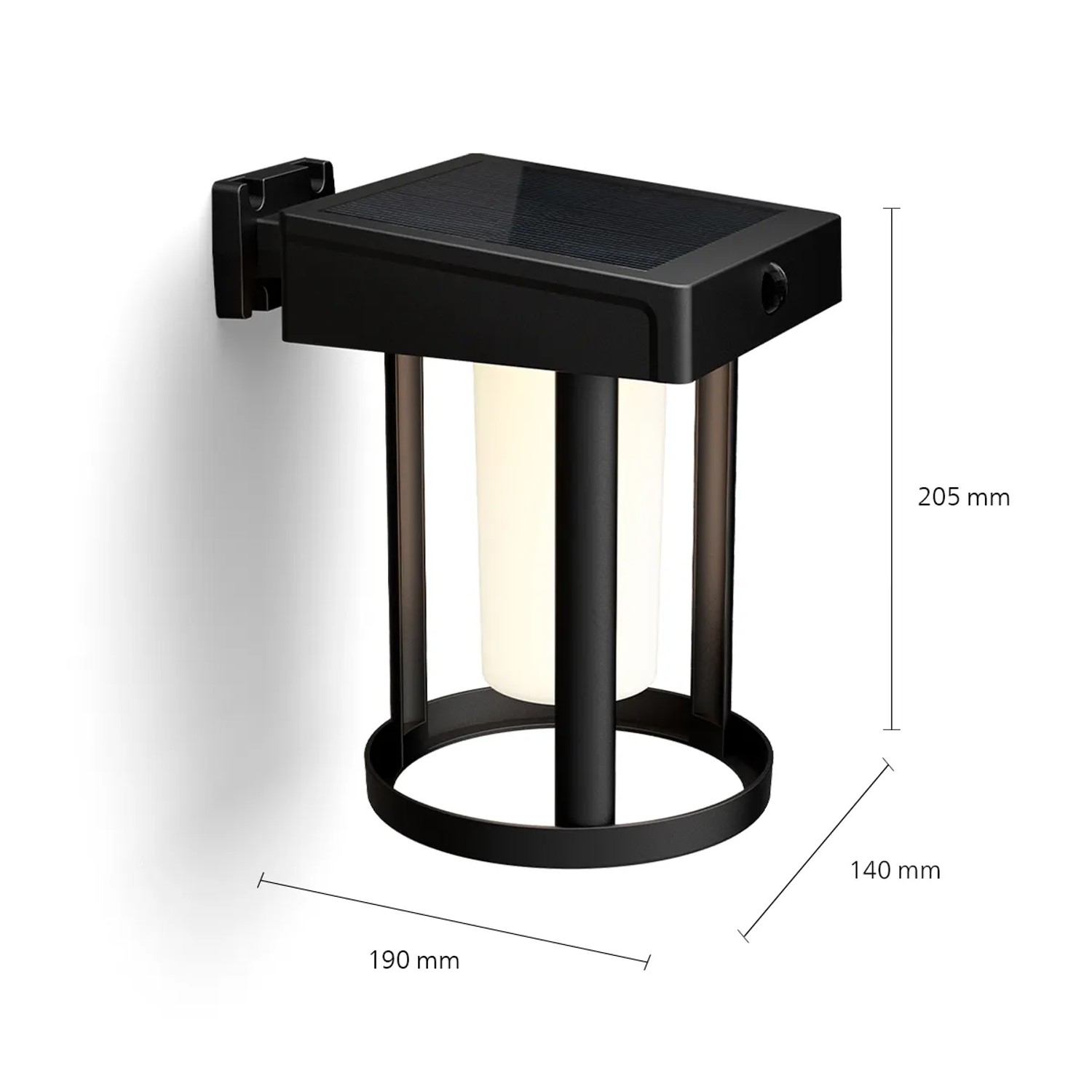 Matte, runde Philips Solar-Wandleuchte Camill mit Solarpanel und Maßen.