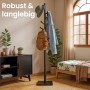 Schwarzer Songmics Kleiderständer Andi mit 8 Haken und Hut, Jacke und Rucksack behangen.