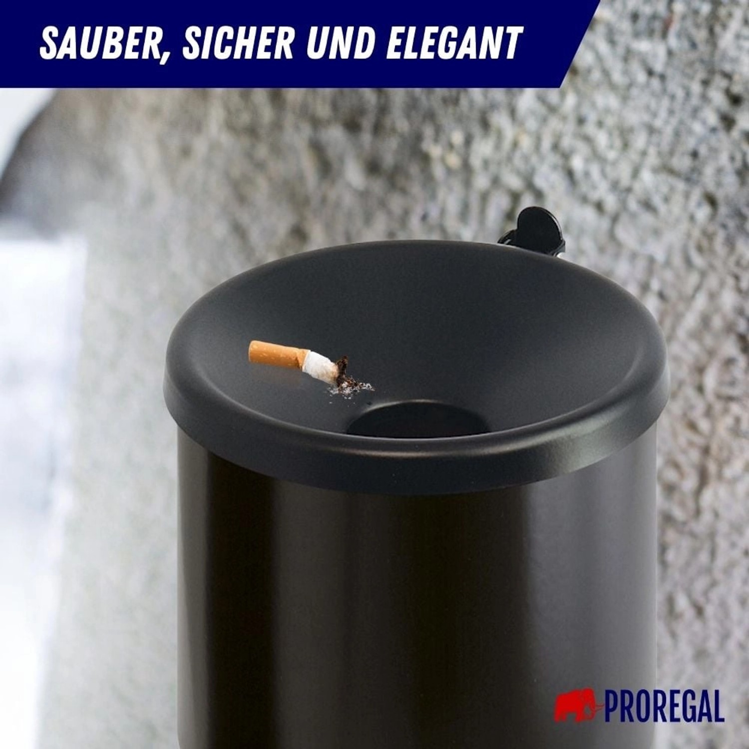 Schwarzer PROREGAL Wand-Aschenbecher, feuerlöschend, rund, 2 Liter. Ideal für Raucherbereiche.