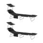 2er Set schwarze Gartenliegen mit Sonnendach und Kissen. Metallgestell, klappbar.