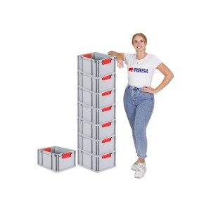 PROREGAL Spar Set: 8 graue Euroboxen mit roten Griffen, gestapelt, mit Deckel und Schiebeschnappverschlüssen.