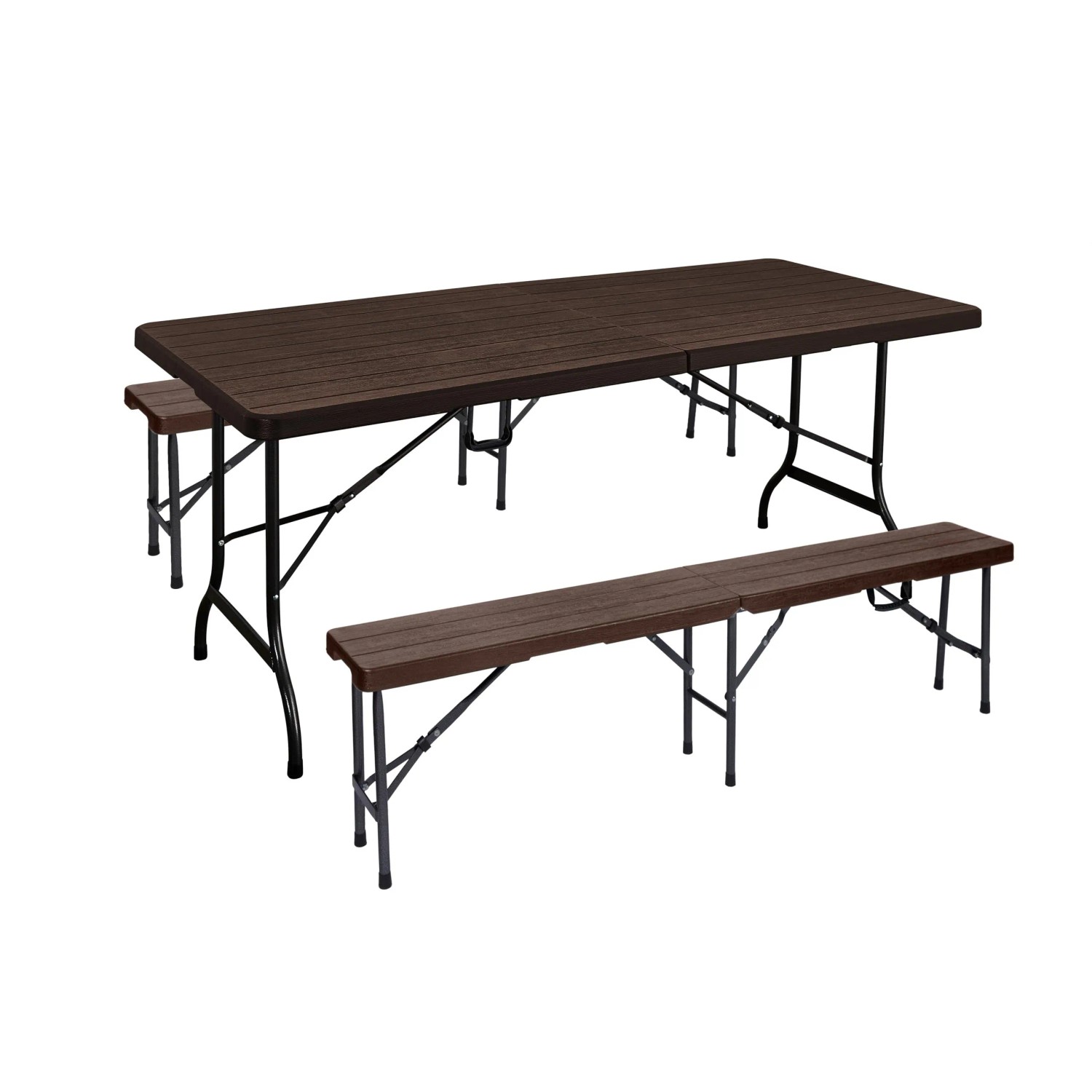 DELUKE Bierzeltgarnitur RITA 3-tlg Tisch & 2x Bank Braun Kunststoff Buffettisch Gartengarnitur Klapptisch Klappbank Gartentisch