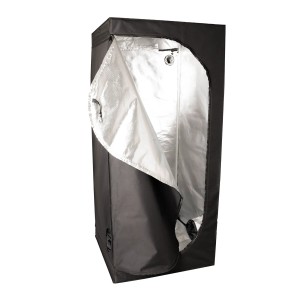 Romberg Growzelt 60x60x160cm mit geöffneter Tür und reflektierender Mylar-Beschichtung.