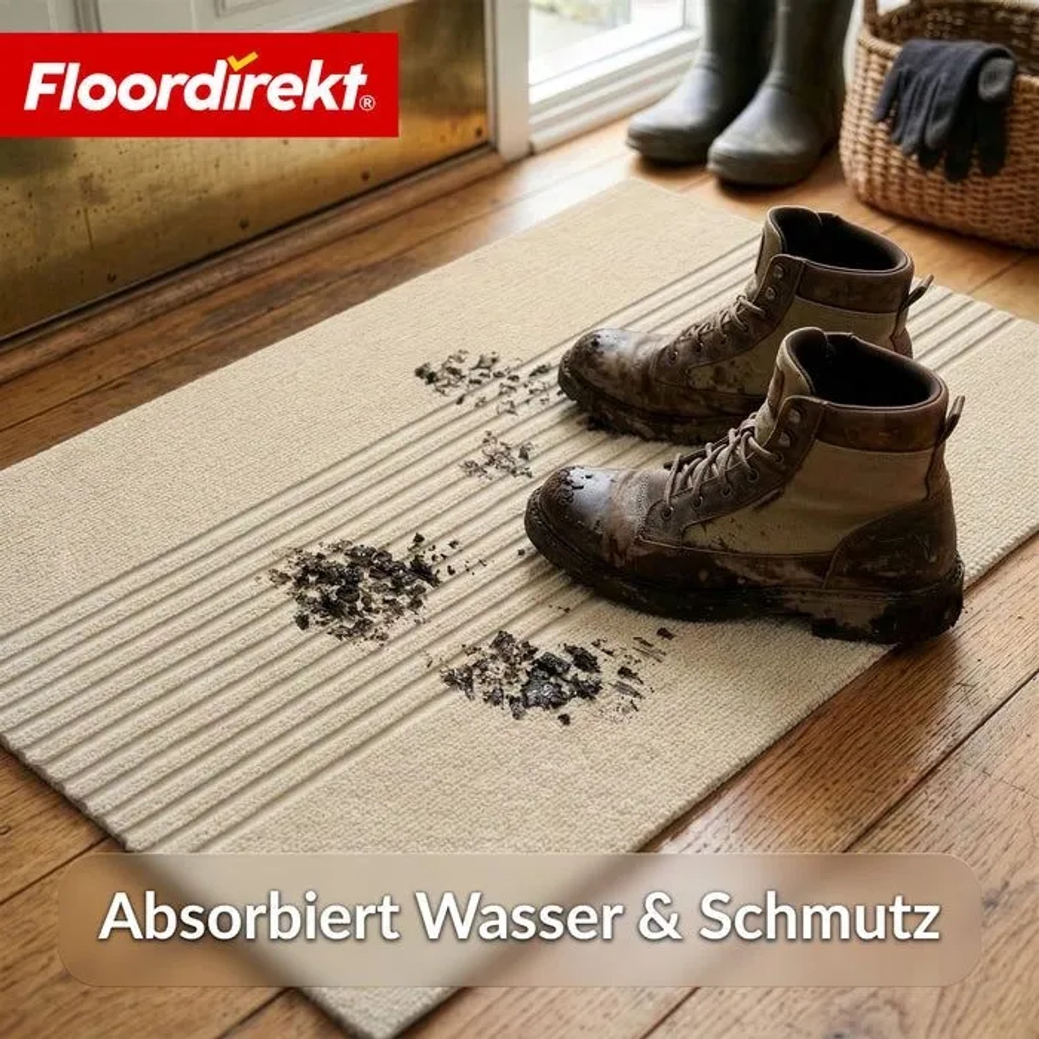 Beige Floordirekt Schmutzfangmatte mit Streifen. Schmutzige Stiefel auf der rutschfesten Türmatte fangen Schmutz ab.