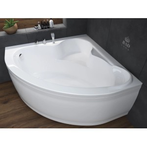 Weiße KOLMAN Acryl-Eckbadewanne 120x120 cm mit geschwungener Front, Ablauf und Füßen im modernen Bad.