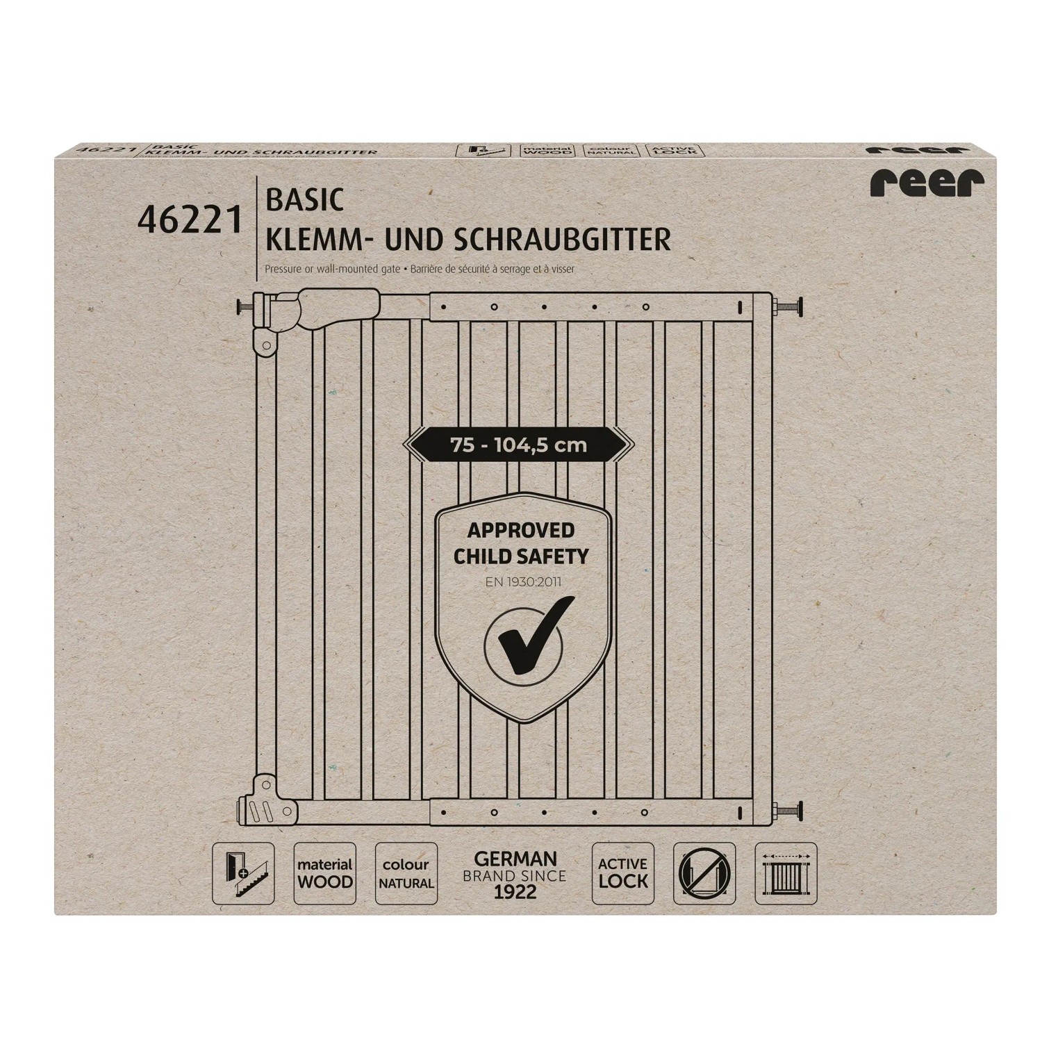Verpackung des Reer Klemm- und Schraubgitters Basic aus Holz, Gitterbreite 730-1045 mm.
