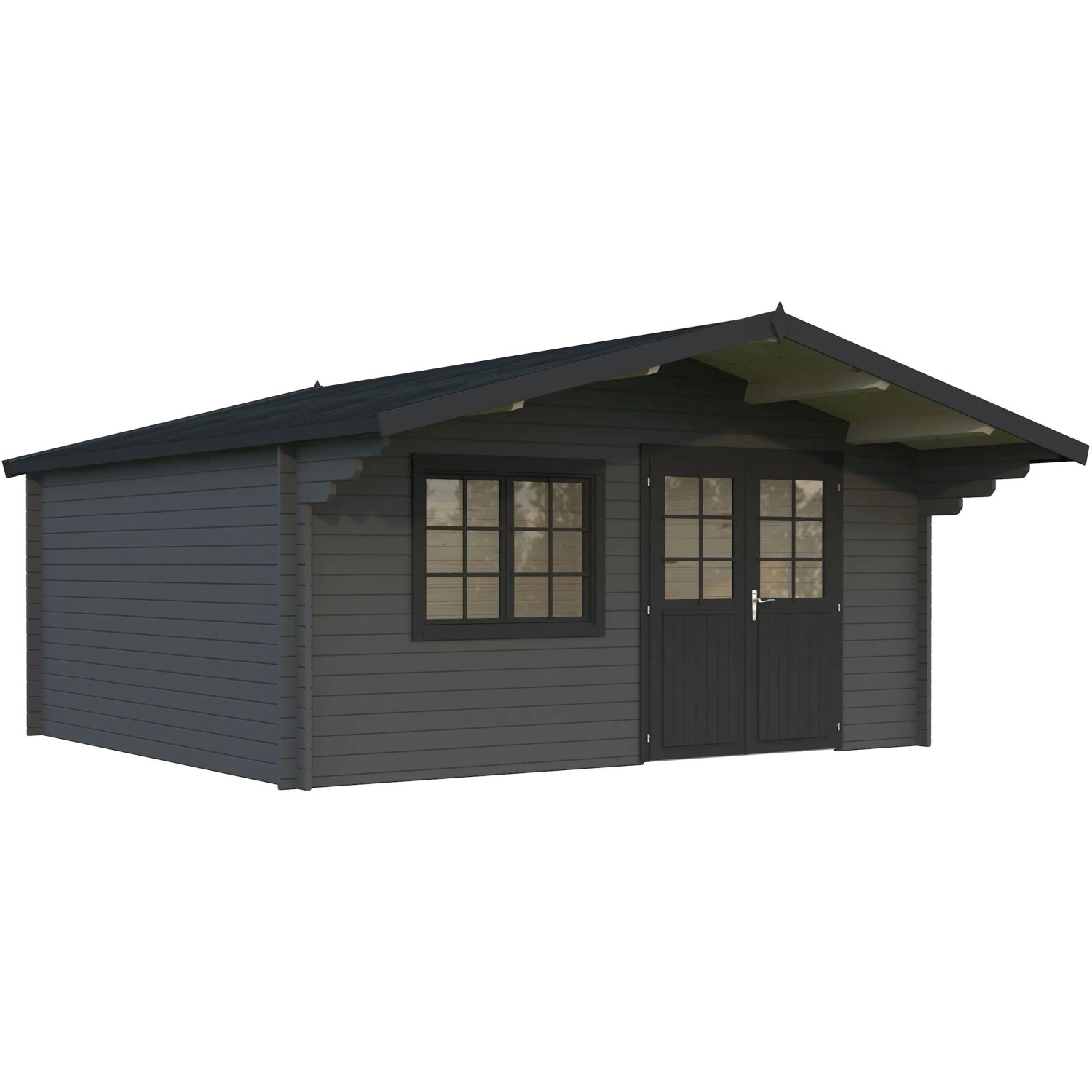 Grau-anthrazit lackiertes Palmako Gartenhaus Britta aus Holz mit Fenster und Doppeltür.