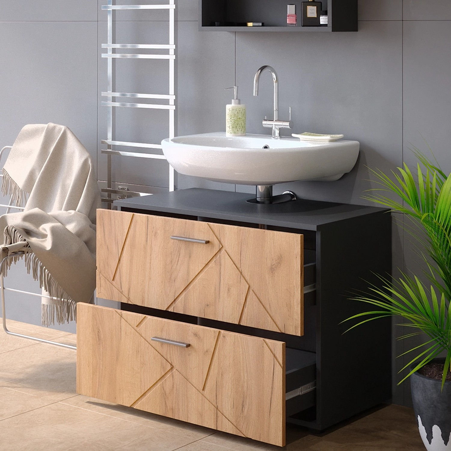 Vicco Waschbeckenunterschrank Irma in Anthrazit/Eiche (80 cm) mit zwei Schubladen.