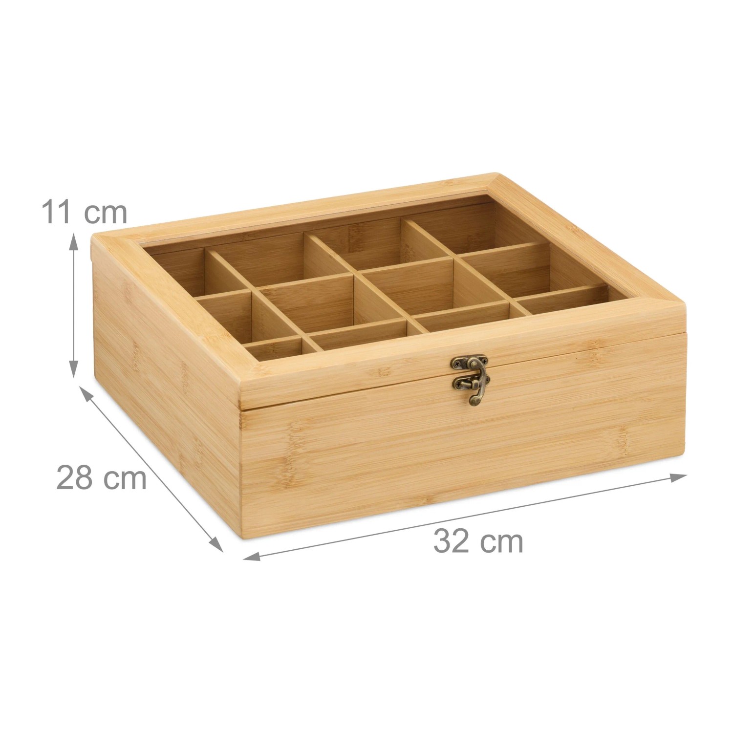 Relaxdays Teebox Bambus Natur Mit 12 Fächern Staubgeschützt 11 cm x 32 cm x 28 cm 1,6 kg_4