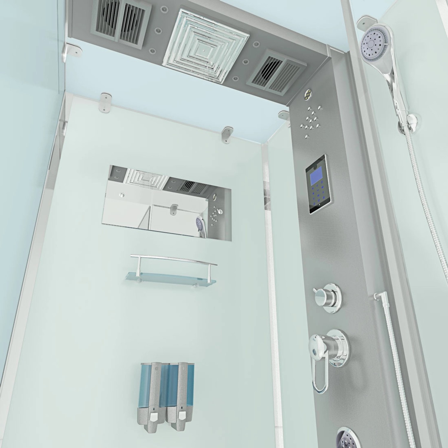Innenansicht der AquaVapore Komplettdusche 100x100 cm mit Regendusche, Spiegel und Touchscreen.